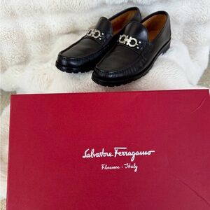 Salvatore Ferragamo Black Leather Loafers with Silver Accent